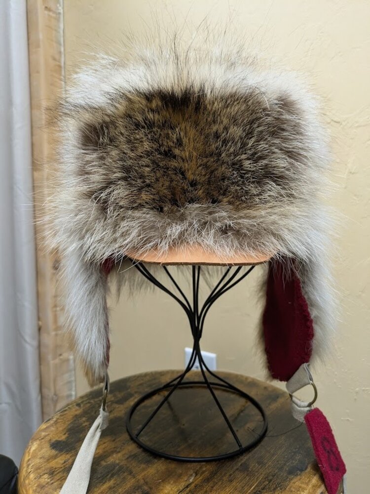 Coyote and Raccoon Fur Ushanka Hat with Leather Brim, OS