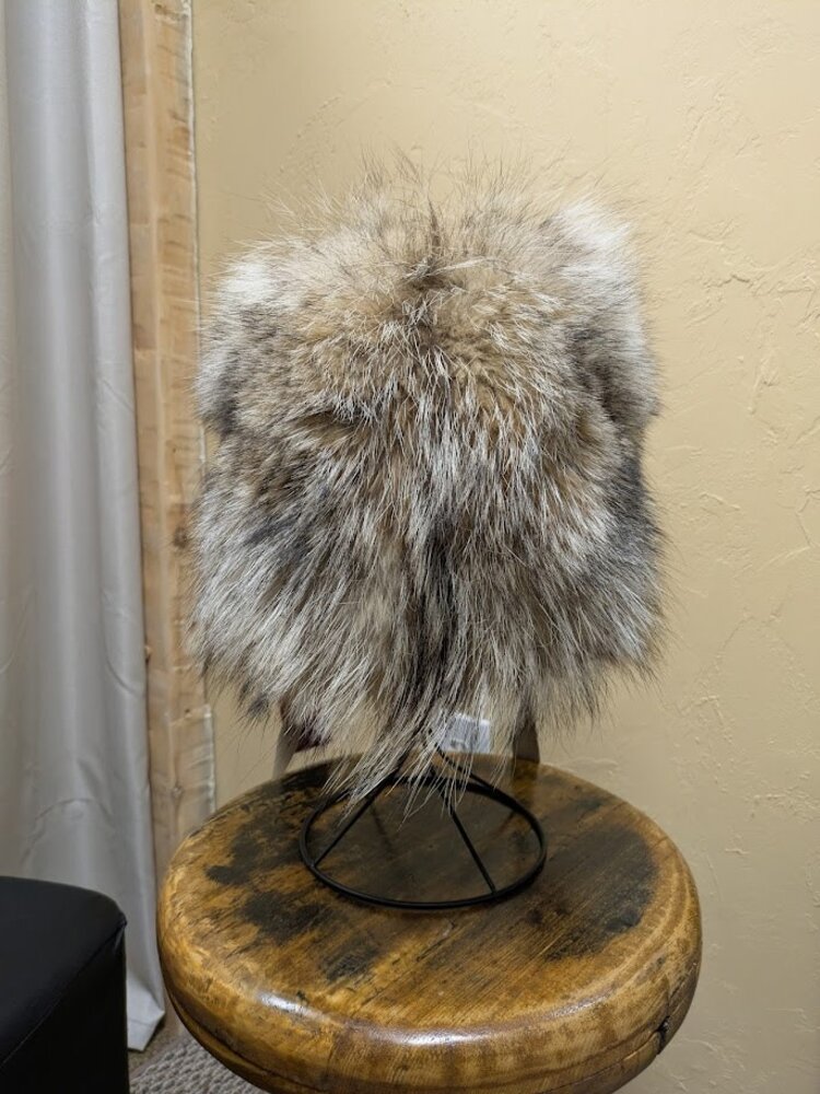 Coyote and Raccoon Fur Ushanka Hat with Leather Brim, OS