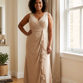 Buttery Beige Ruched Bodice Gown w/Corset Back, Size 14