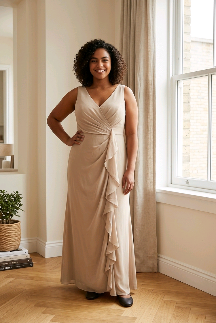 Buttery Beige Ruched Bodice Gown w/Corset Back, Size 14