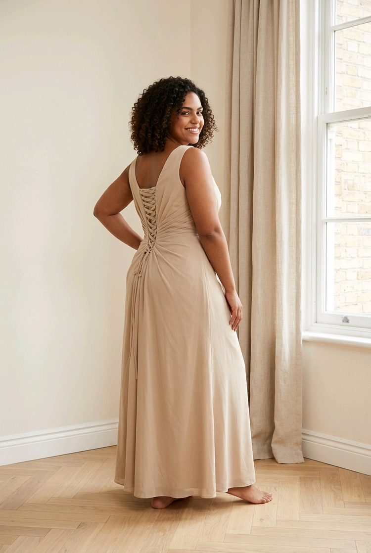 Buttery Beige Ruched Bodice Gown w/Corset Back, Size 14