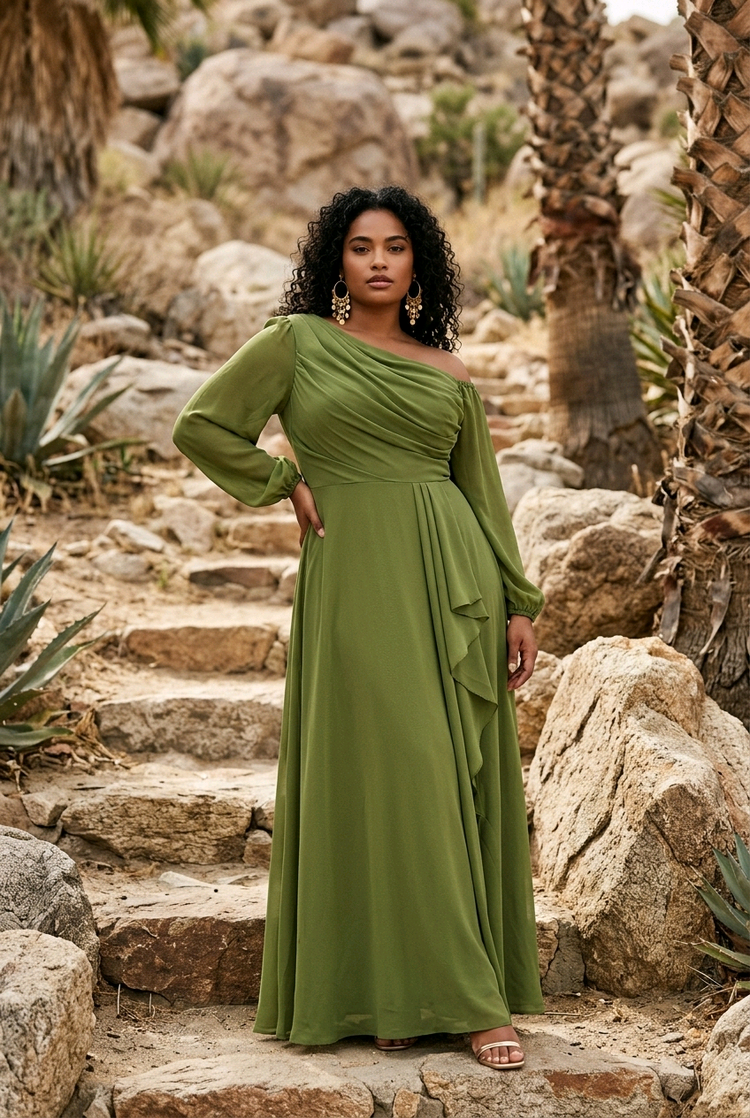 Pear Green Gown w/Draped Bodice, Long Sleeves, & Slit, Size 14