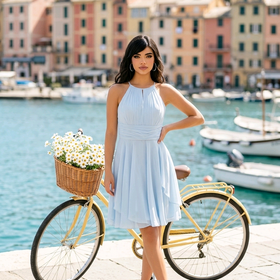 Light Blue Dress with Pleated Bodice & Paneled Skirt, Size 14