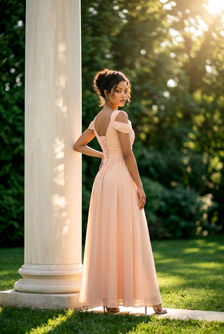 Light Peach Gown with Pleated Bodice, Front Slit & Corset Back, Size 8