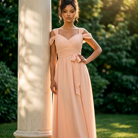 Light Peach Gown with Pleated Bodice, Front Slit & Corset Back, Size 8
