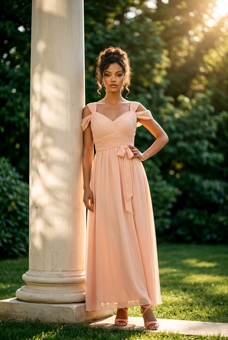 Light Peach Gown with Pleated Bodice, Front Slit & Corset Back, Size 8