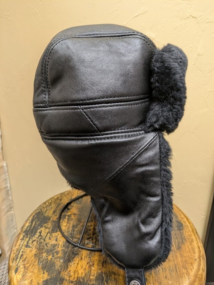 Genuine Sheepskin Leather Trapper Hat with Sherpa Faux Fur, OS