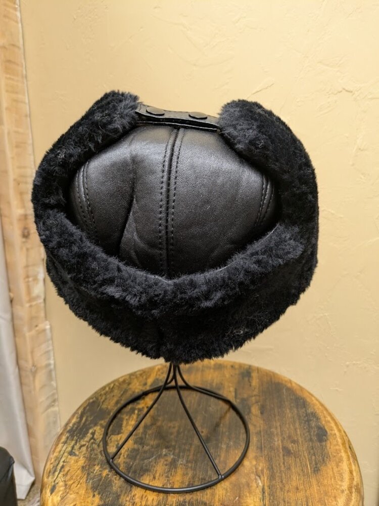 Genuine Sheepskin Leather Trapper Hat with Sherpa Faux Fur, OS