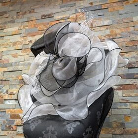 Ruffled Black and White Derby Hat with Feather and Bow Details