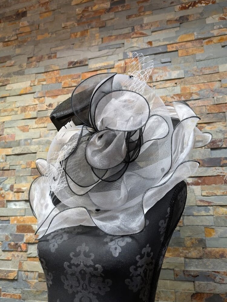 Ruffled Black and White Derby Hat with Feather and Bow Details