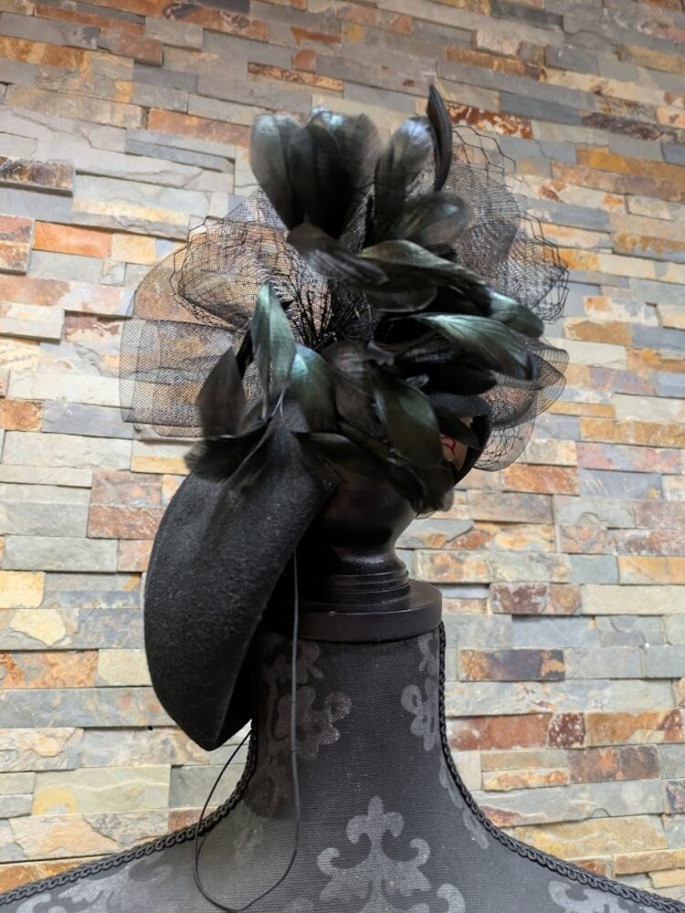 Black Vintage Wool and Feathers Fascinator