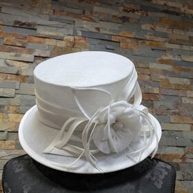 White Sinamay Woven Derby Hat with Flower, Feather, and Ribbon