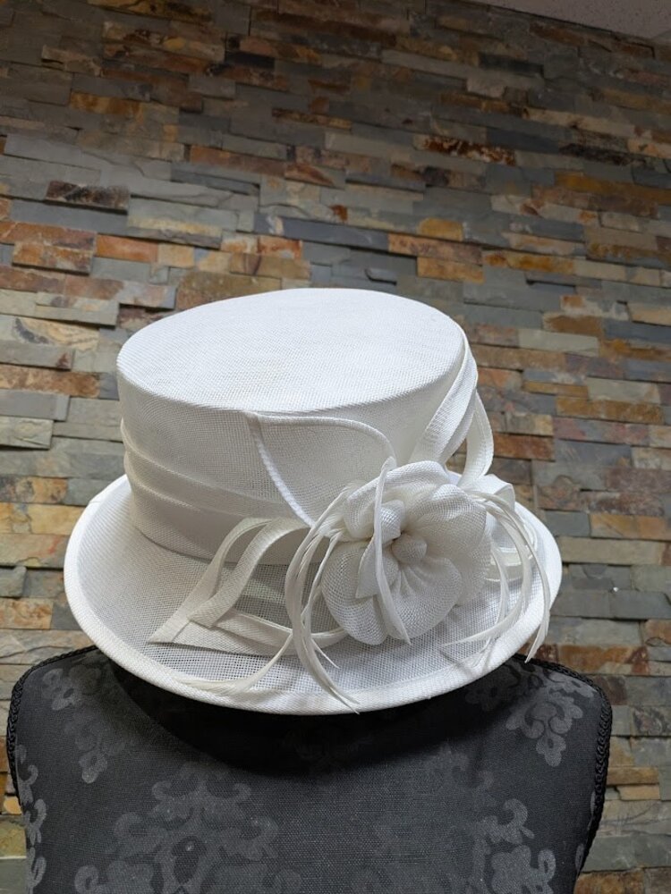 White Sinamay Woven Derby Hat with Flower, Feather, and Ribbon