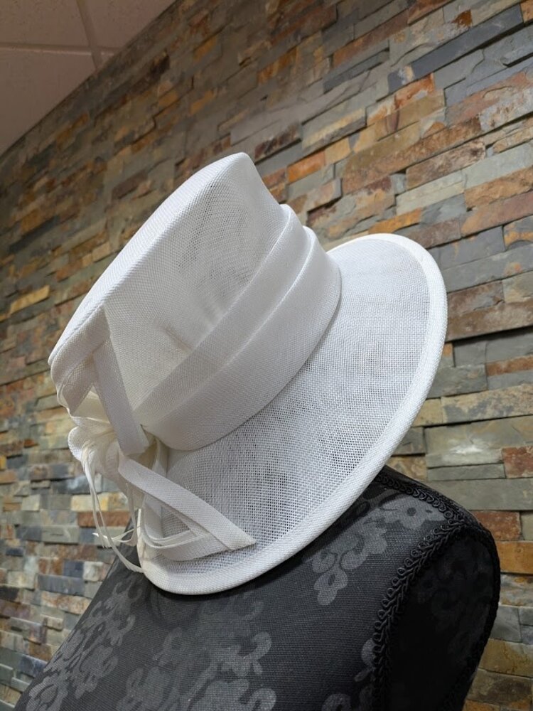 White Sinamay Woven Derby Hat with Flower, Feather, and Ribbon