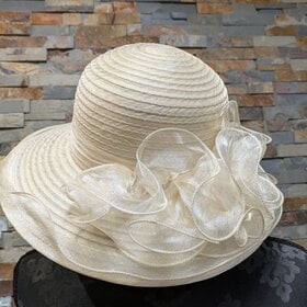 Ivory Ruffled Derby Hat with Ribbon Details