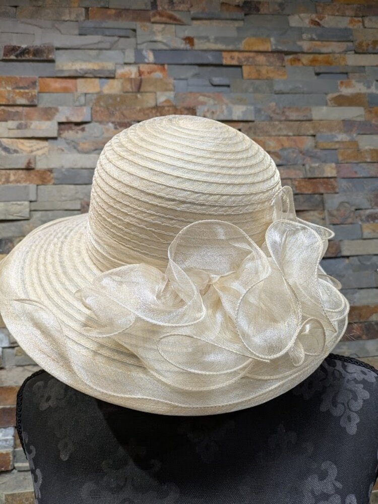 Ivory Ruffled Derby Hat with Ribbon Details