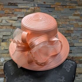 Salmon Pink Derby Hat with Feather and Ribbon