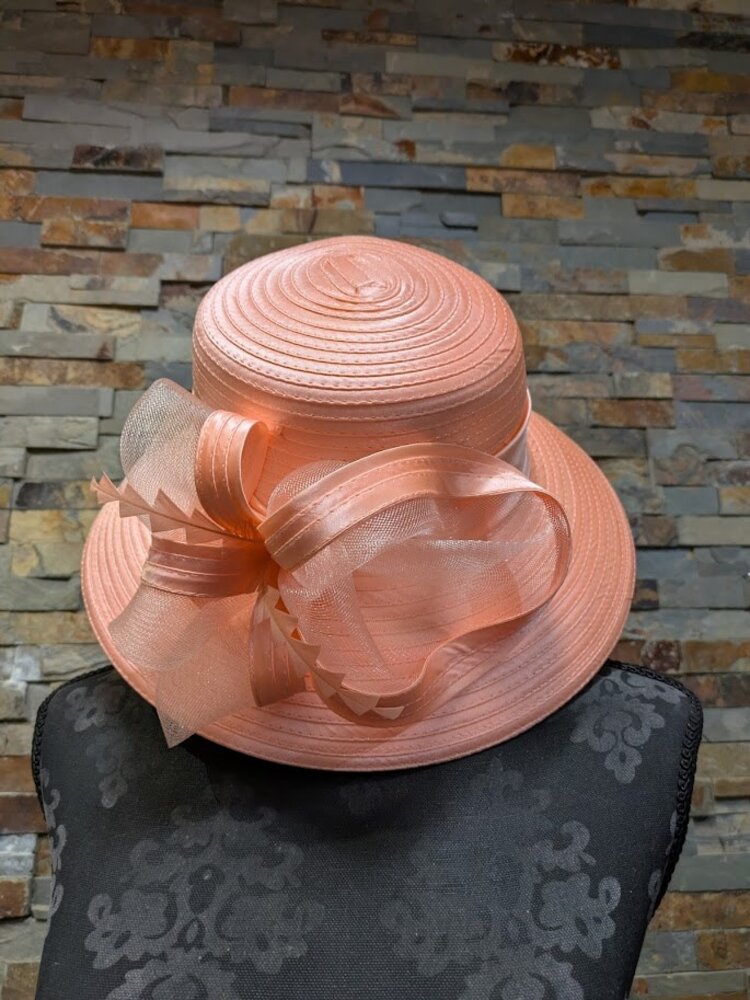 Salmon Pink Derby Hat with Feather and Ribbon