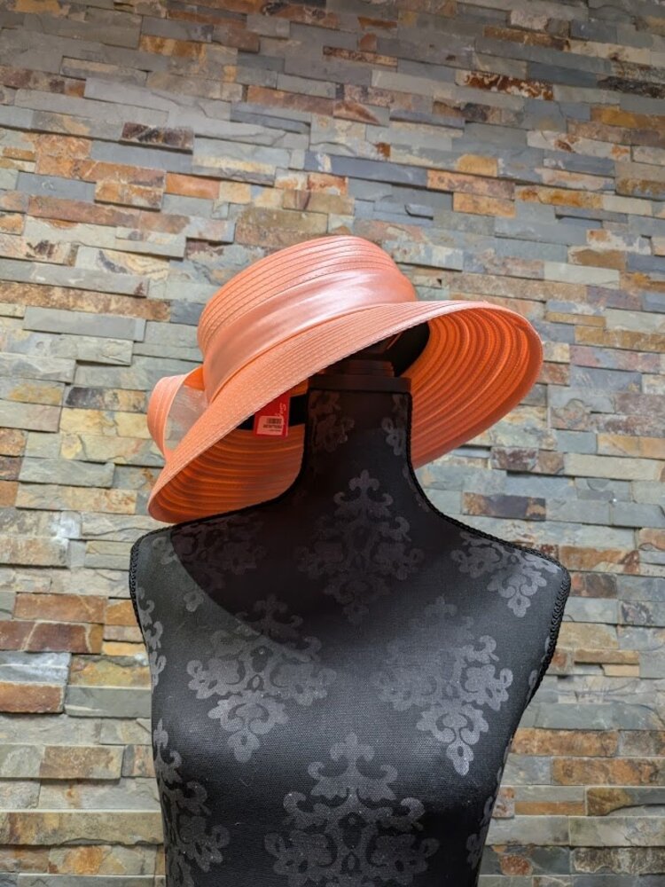 Salmon Pink Derby Hat with Feather and Ribbon