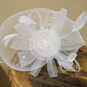 White Fascinator with Organza Ribbons, Feathers, and Pearls