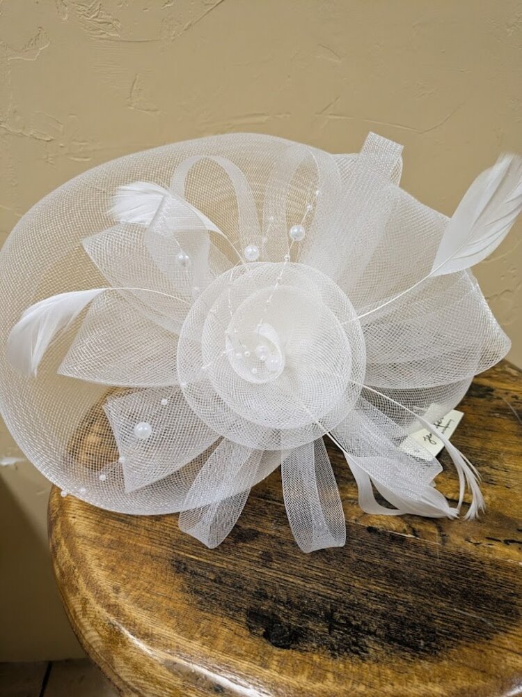 White Fascinator with Organza Ribbons, Feathers, and Pearls