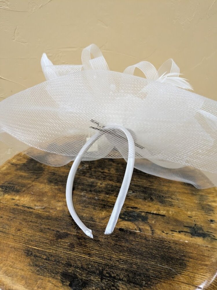 White Fascinator with Organza Ribbons, Feathers, and Pearls