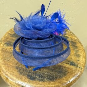 Blue Fascinator with Feathers and Circle Ribbons