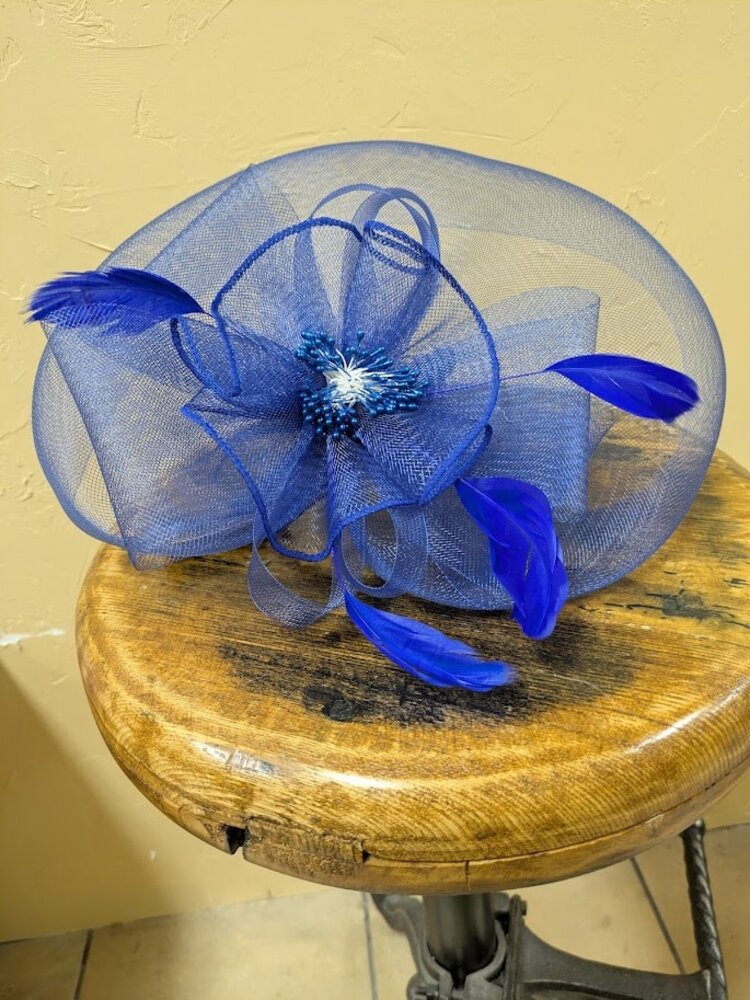 Blue Fascinator with Flower and Feather Details