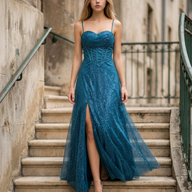 Teal Blue Sparkly Gown with Corset Bodice, Size 0