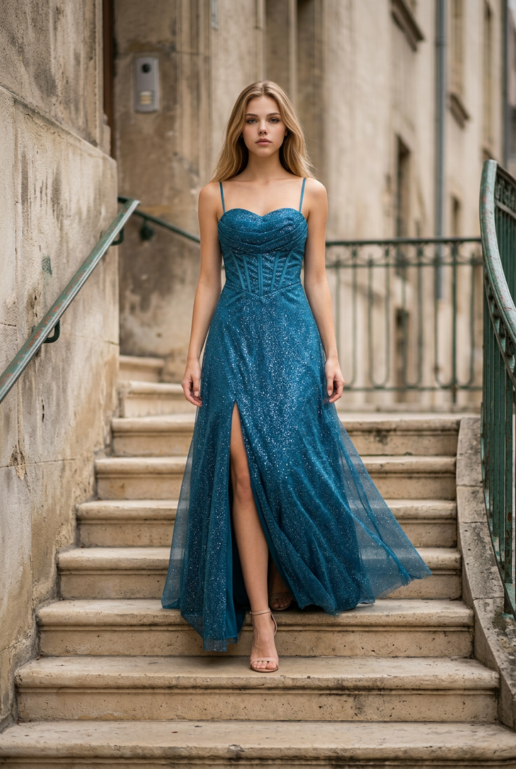 Teal Blue Sparkly Gown with Corset Bodice, Size 0