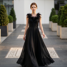 Sherri Hill Black A-Line Feathered Gown w/Illusion Corset Bodice, Size 0