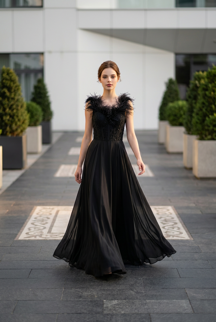 Sherri Hill Black A-Line Feathered Gown w/Illusion Corset Bodice, Size 0