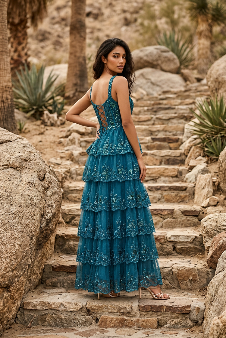 Teal Blue Ruffled Gown with Sequined Corset Bodice, Size 8