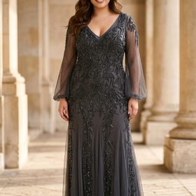 Gray Tulle Sleeve Gown with Floral Beading, Size 14