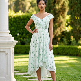 Green Floral Gown with Pleated and Embellished Top, Size 8