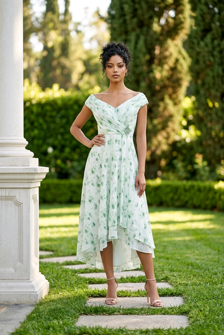 Green Floral Gown with Pleated and Embellished Top, Size 8