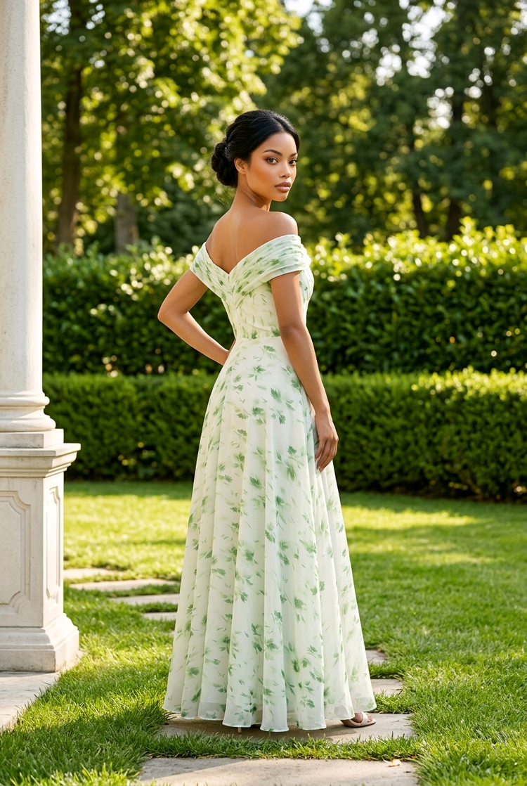 Green Floral Gown with Pleated and Embellished Top, Size 8