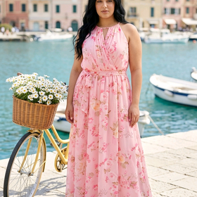 Pink Roses Pattern Gown with Pleated Wrap Style Top, Size 18W