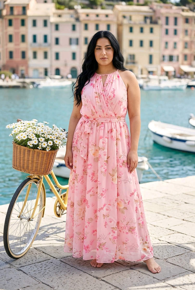 Pink Roses Pattern Gown with Pleated Wrap Style Top, Size 18W