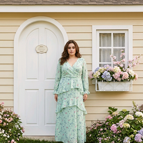 Mint Green Floral  Gown with Ruffles and Open Back, Size 16