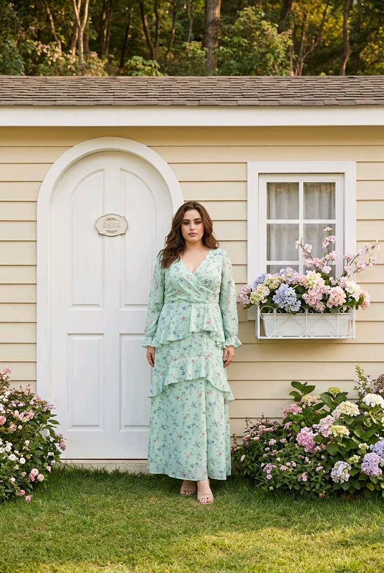 Mint Green Floral  Gown with Ruffles and Open Back, Size 16