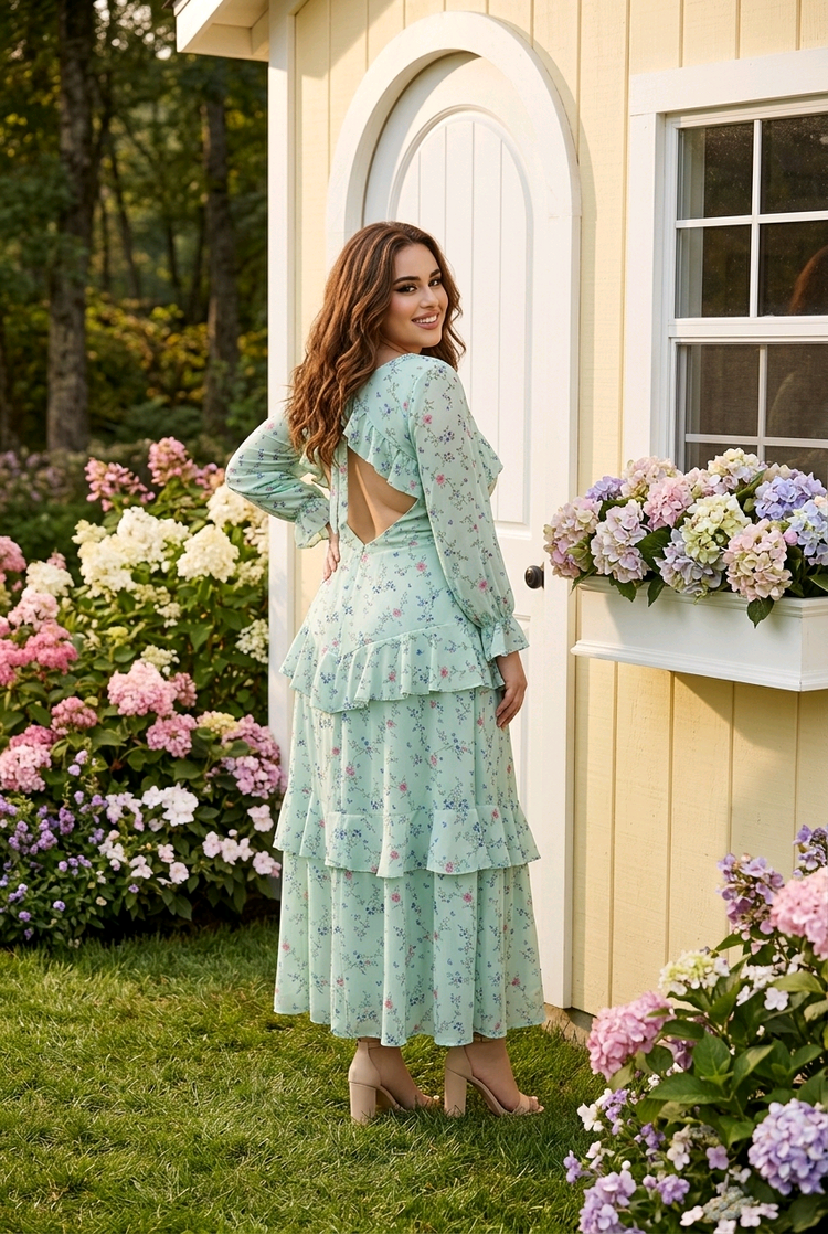 Mint Green Floral  Gown with Ruffles and Open Back, Size 16