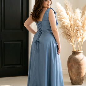 Sky Blue Satiny One Shoulder Gown with Shoulder Bow, Size 24