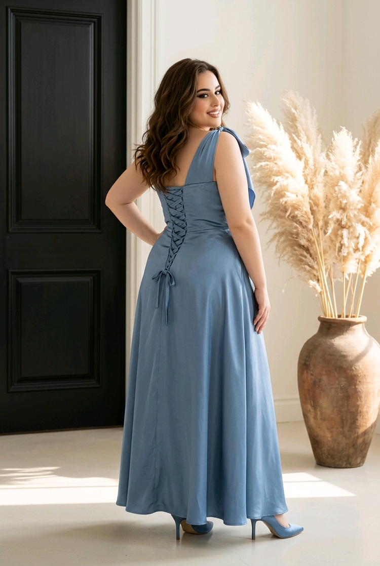 Sky Blue Satiny One Shoulder Gown with Shoulder Bow, Size 24