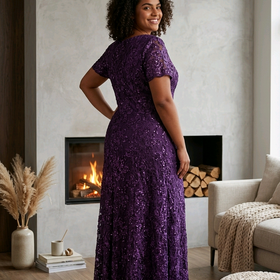 Alex Evenings Eggplant Purple Floral Lace Shortsleeve Gown, Size 18