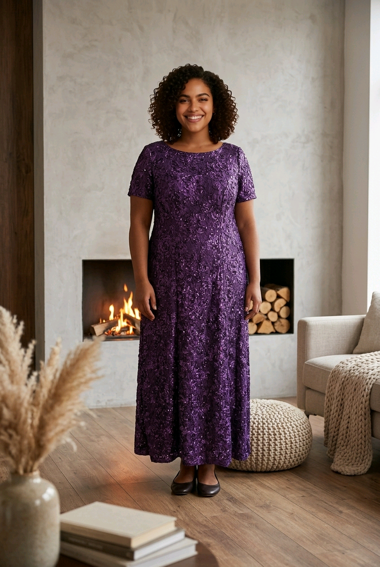 Alex Evenings Eggplant Purple Floral Lace Shortsleeve Gown, Size 18