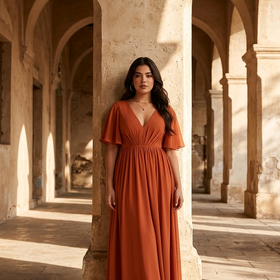 Terracotta Lace Up Back Gown with Flutter Sleeves, 16