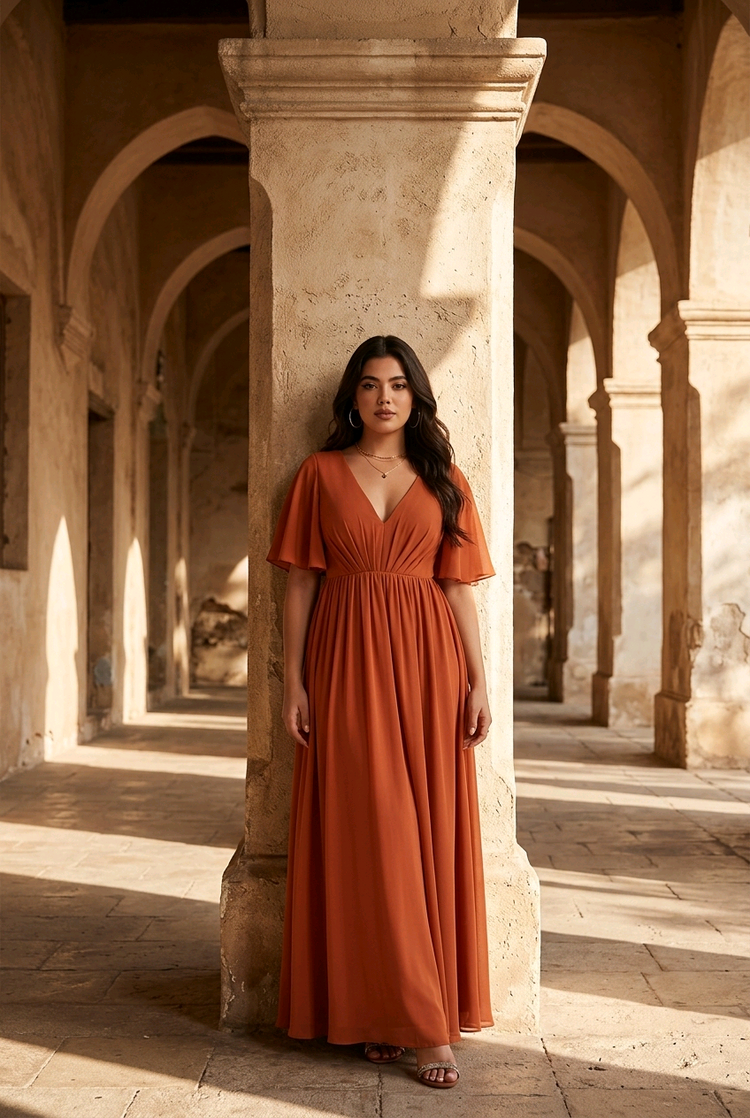 Terracotta Lace Up Back Gown with Flutter Sleeves, 16