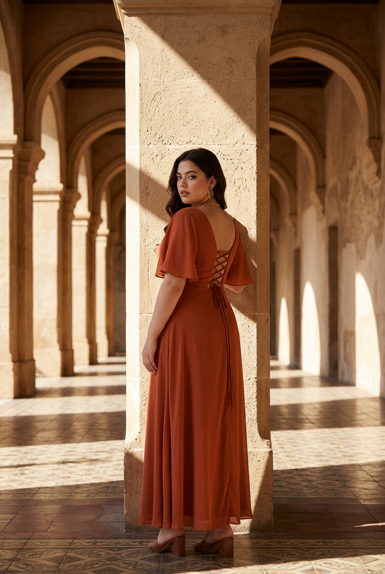 Terracotta Lace Up Back Gown with Flutter Sleeves, 16