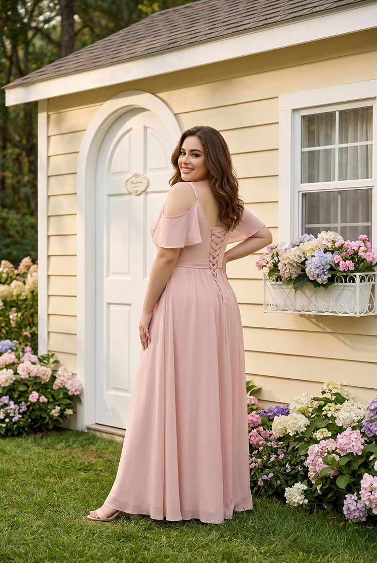 Pale Pink Cold Shoulder Gown with Lace Up Back, Size 24